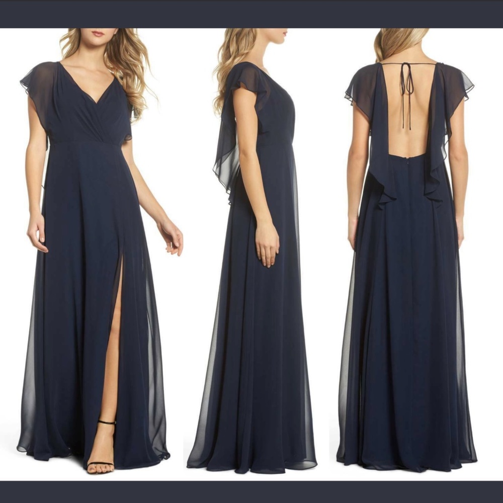 NWT Jenny Yoo Alanna Open Back Chiffon Gown 8 Navy‎